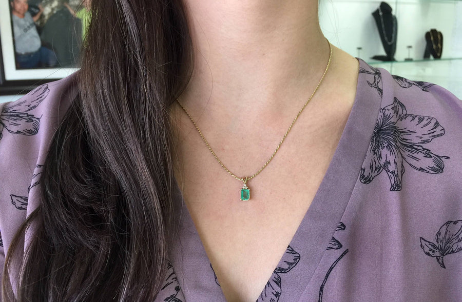  Emerald Cut Colombian Emerald & Diamond Accent Pendant