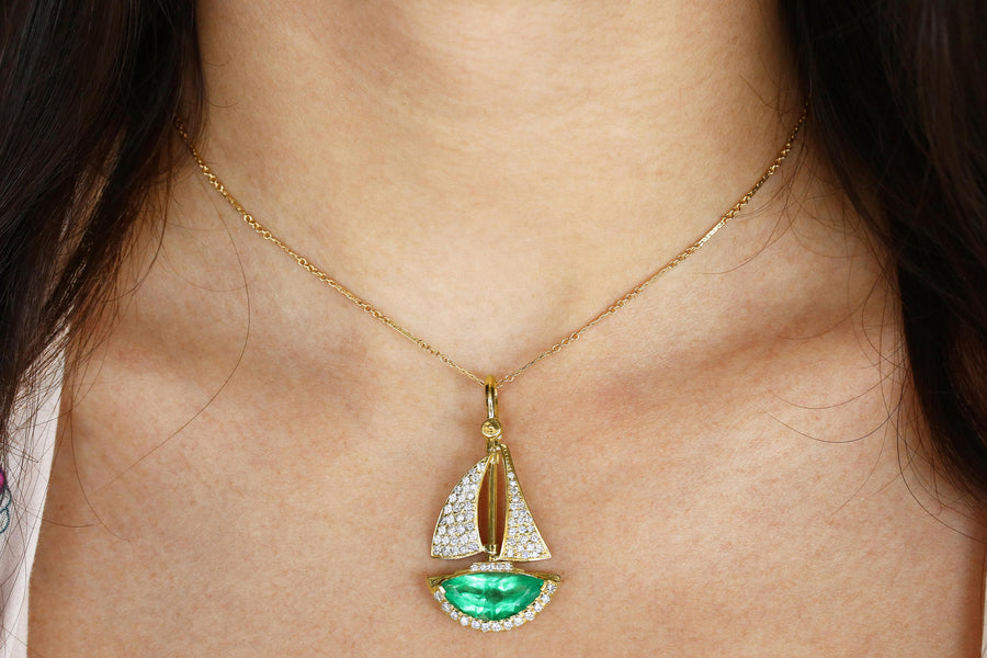  Half Moon Emerald & Diamond Hand Made Sail Boat 14K