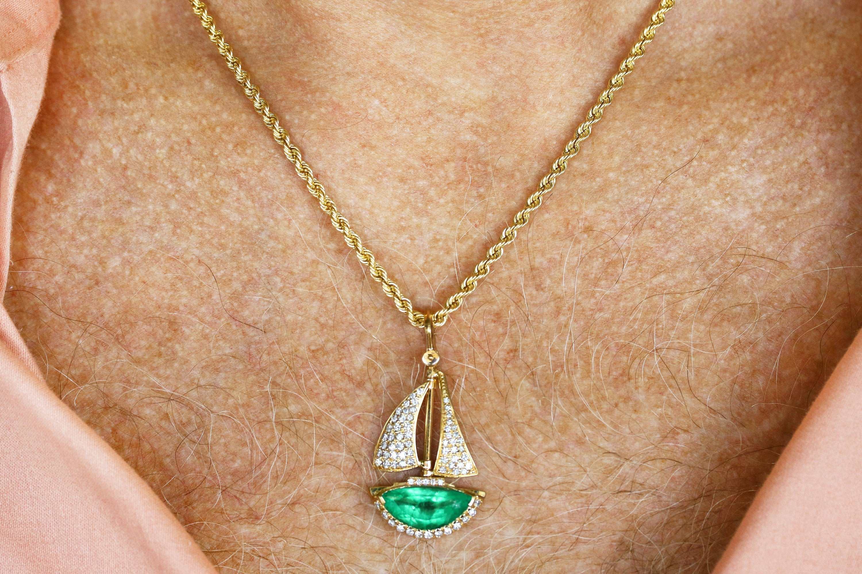 6.61tcw AAA Quality Half Moon Colombian Emerald & Diamond Hand Made Sail Boat 14K