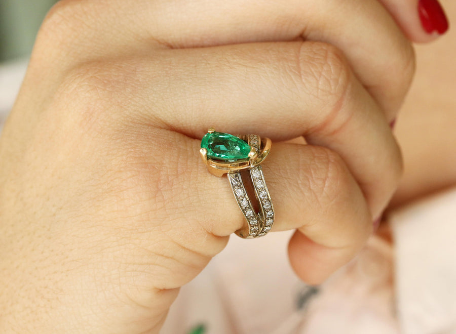 Organic 2.65tcw Pear Emerald & Diamond Split Shank Ring 14K Yellow gift