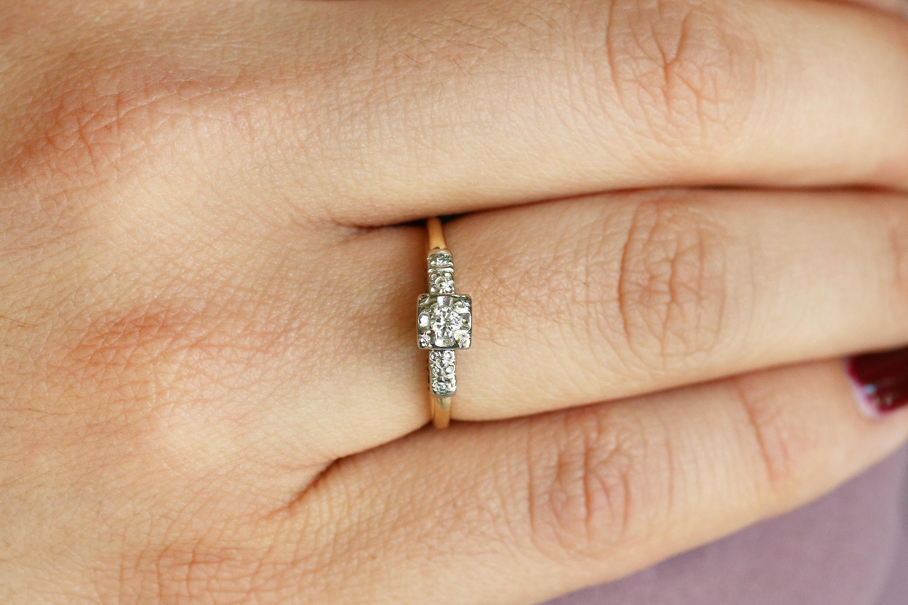 Petite Diamond Vintage Engagement Ring Two-Tone 14K