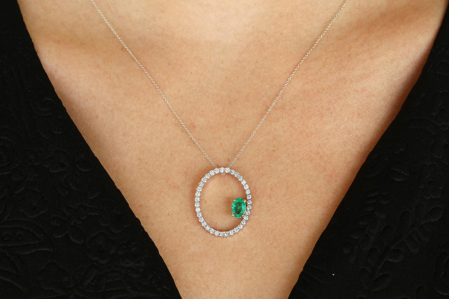  Floating Emerald & Diamond Oval Necklace 14K