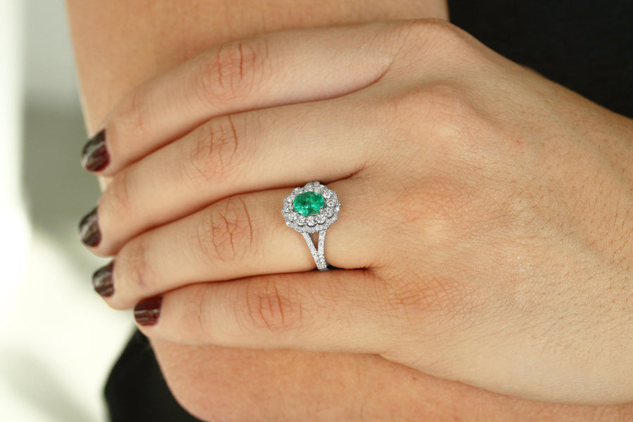 Oval Emerald & Diamond Halo Split Shank Engagement