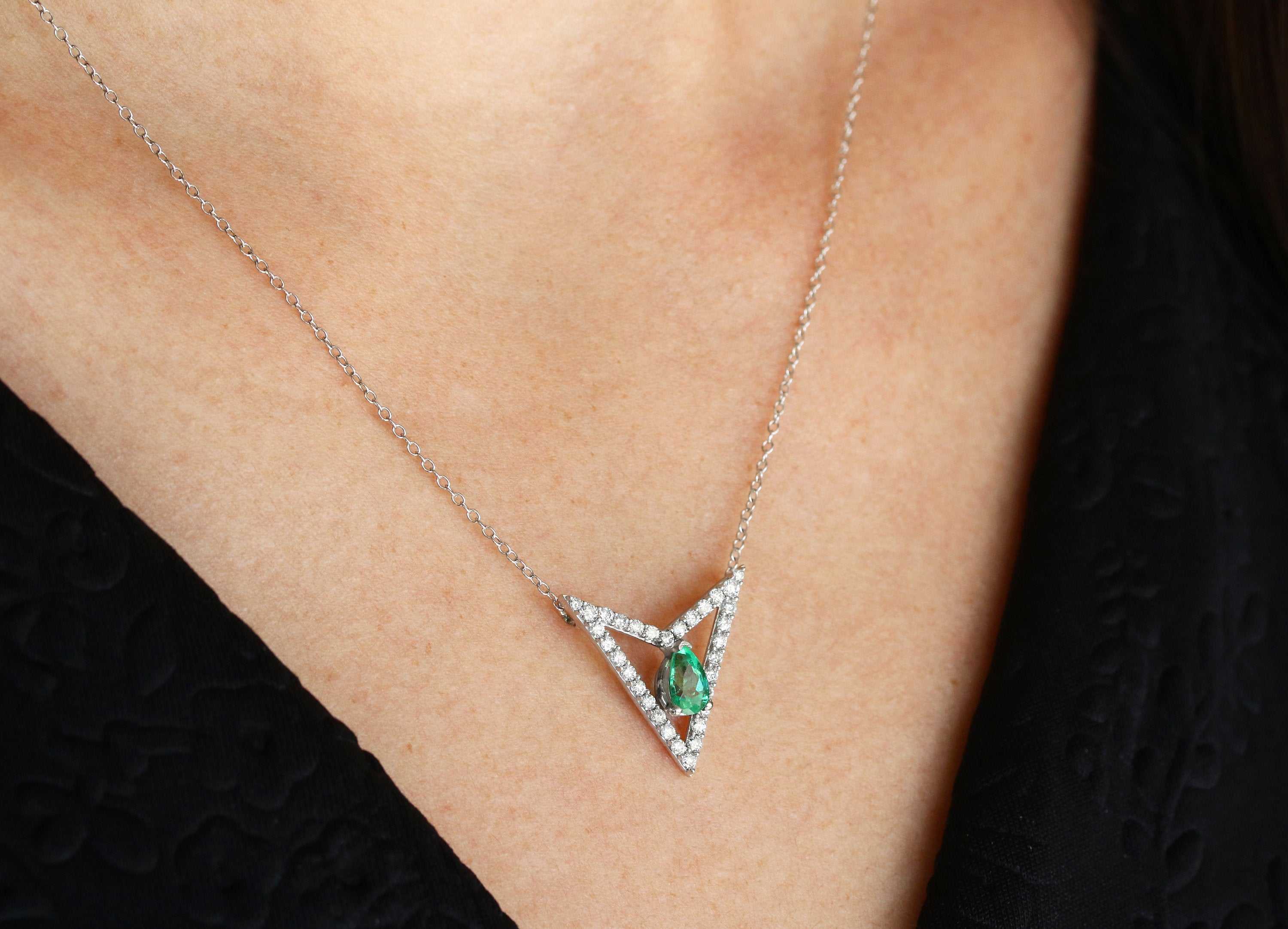 1.80tcw Floating Pear Emerald & VS Diamond Triangle Geometrical Necklace 14K