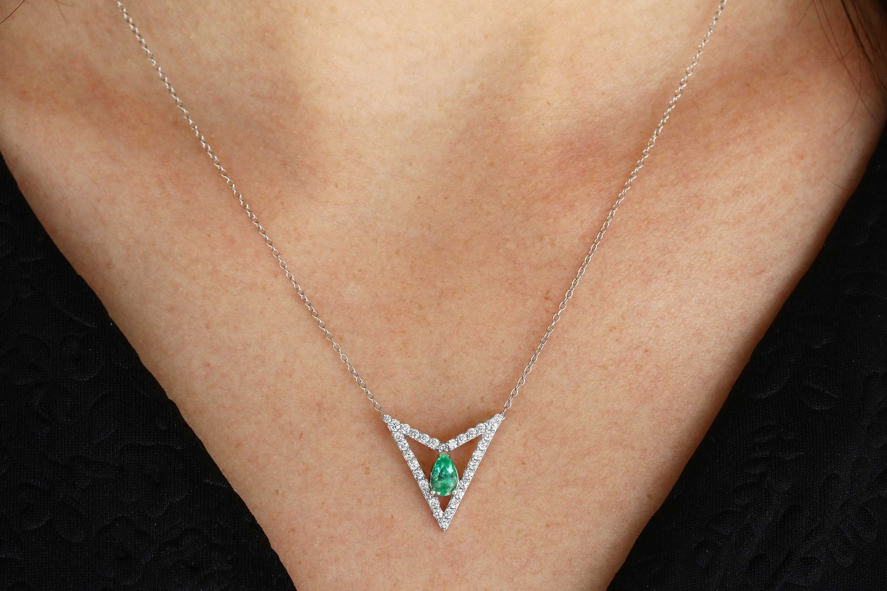 1.60tcw Floating Emerald & Diamond Triangle Necklace 14K