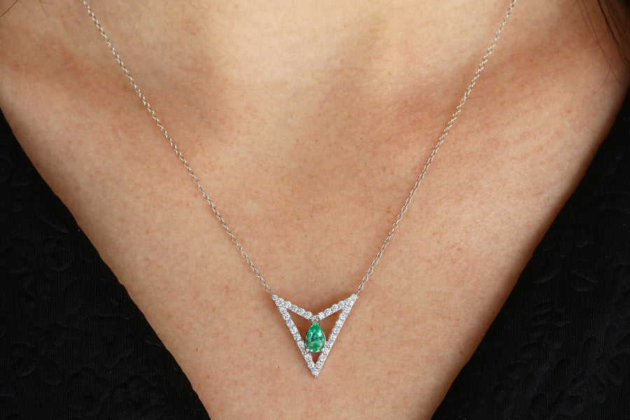 1.60tcw Floating Emerald & Diamond Triangle Necklace 14K