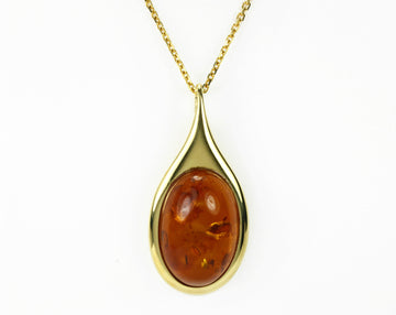 Large Baltic Amber Pendant, Cognac Amber Pendant, Fine quality Baltic Amber Pendant, Yellow Gold 14K