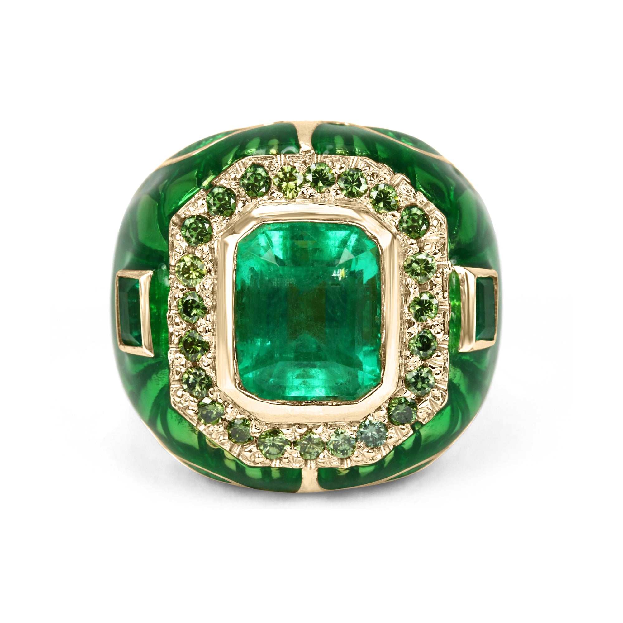 4.45tcw Mens Colombian Emerald, Diamond, & Enamel Ring 18K - JR Colombian Emeralds