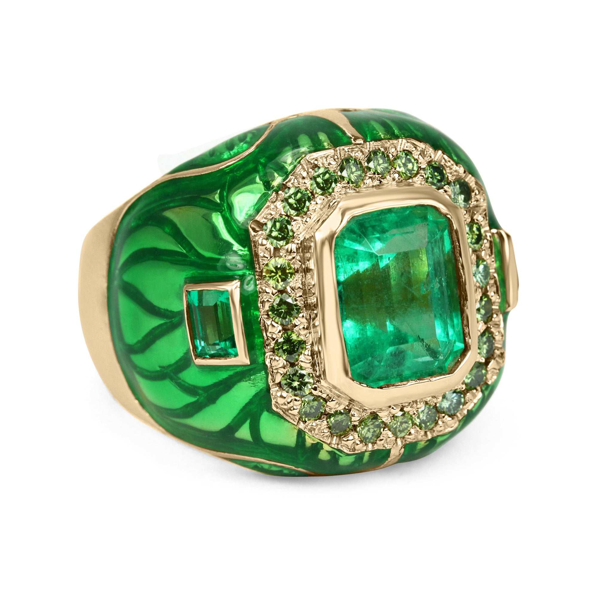 4.45tcw Mens Colombian Emerald, Diamond, & Enamel Ring 18K - JR Colombian Emeralds