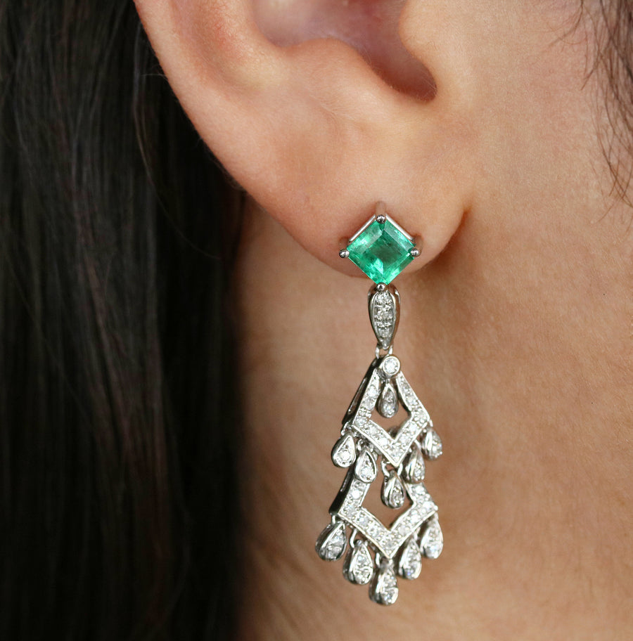 Emerald & Diamond Chandelier Dangle Earrings 14K