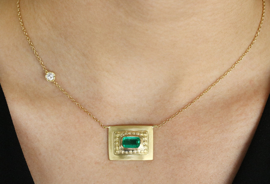 Colombian Emerald Bezel Set Emerald Cut Solitaire Necklace 18K