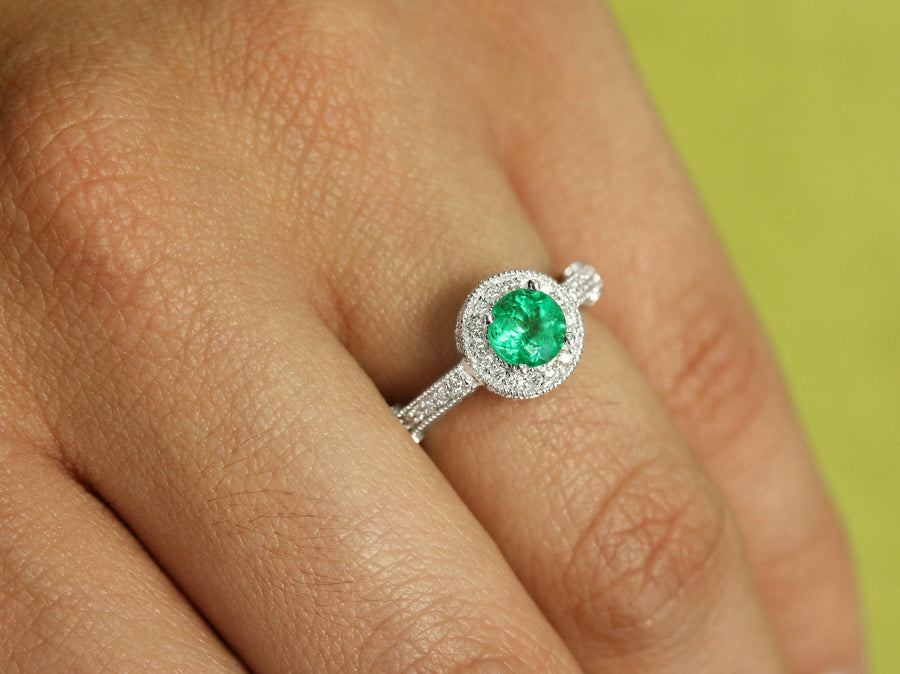  Emerald & Diamond Halo Engagement Ring 14K