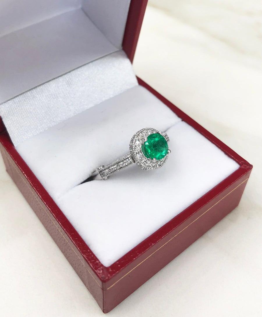 1.45tcw Round Emerald & Diamond Halo Engagement