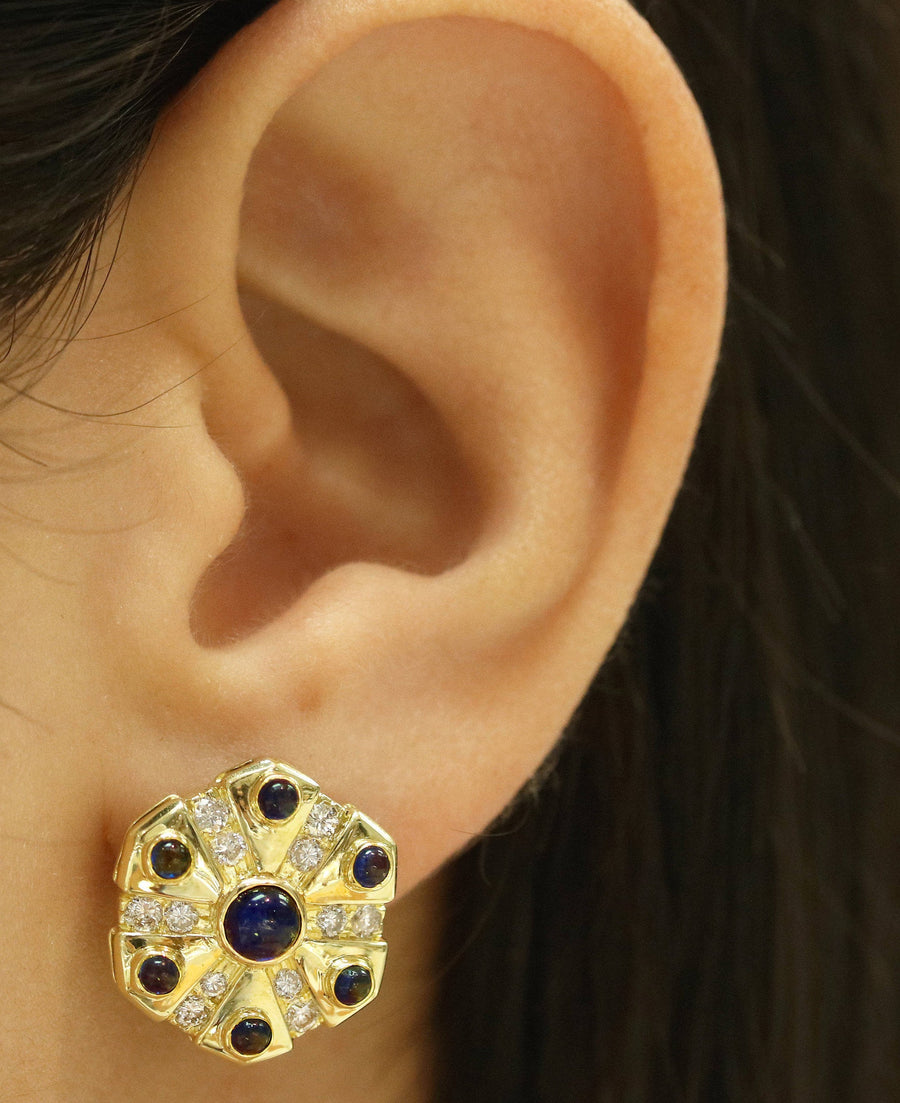 Cabochon & Diamond Disc Earrings 18K, Cab Sapphire Earrings, Sapphire Stud Earrings