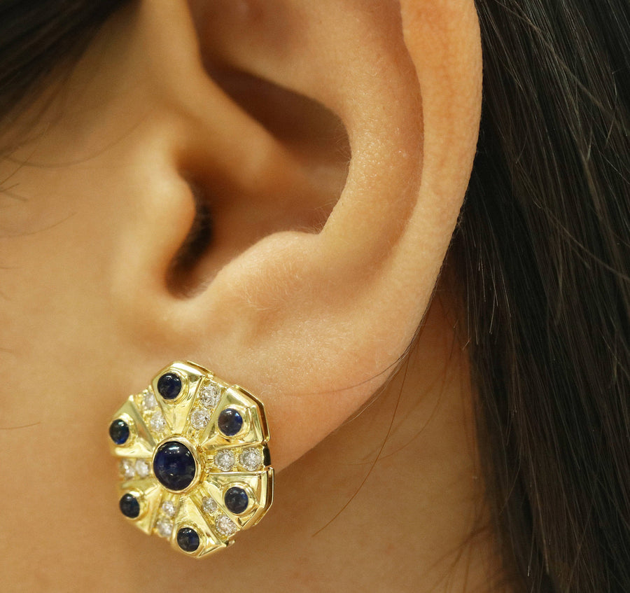 Cabochon & Diamond Disc Earrings 18K, Cab Sapphire Earrings, Sapphire Stud Earrings
