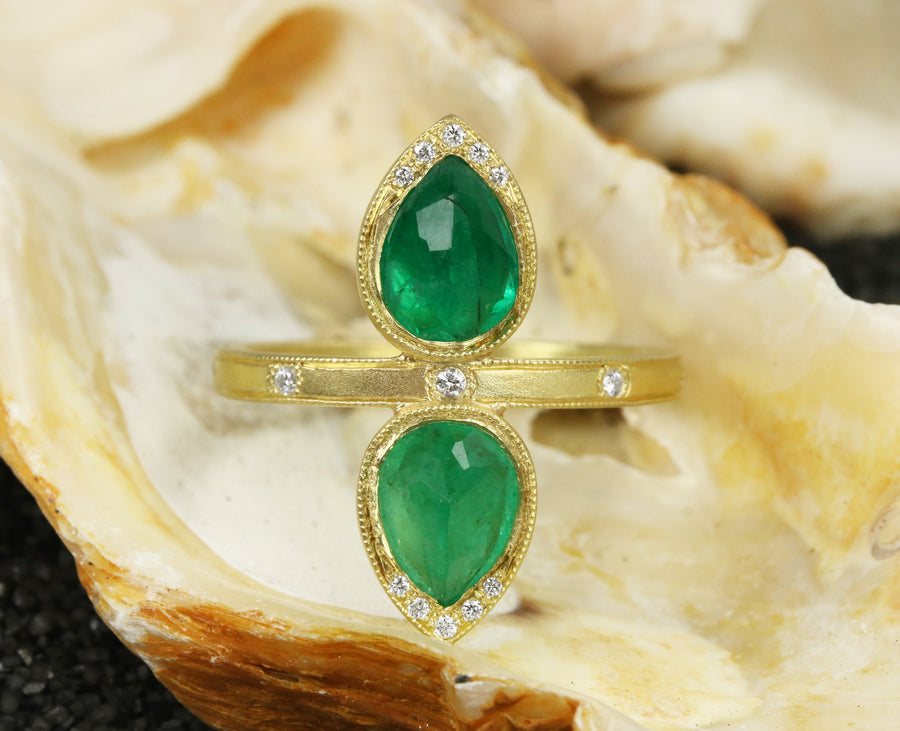 2.48tcw Rose Cut Pear Colombian Emerald & Diamond Statement 2 Stone Ring 18K