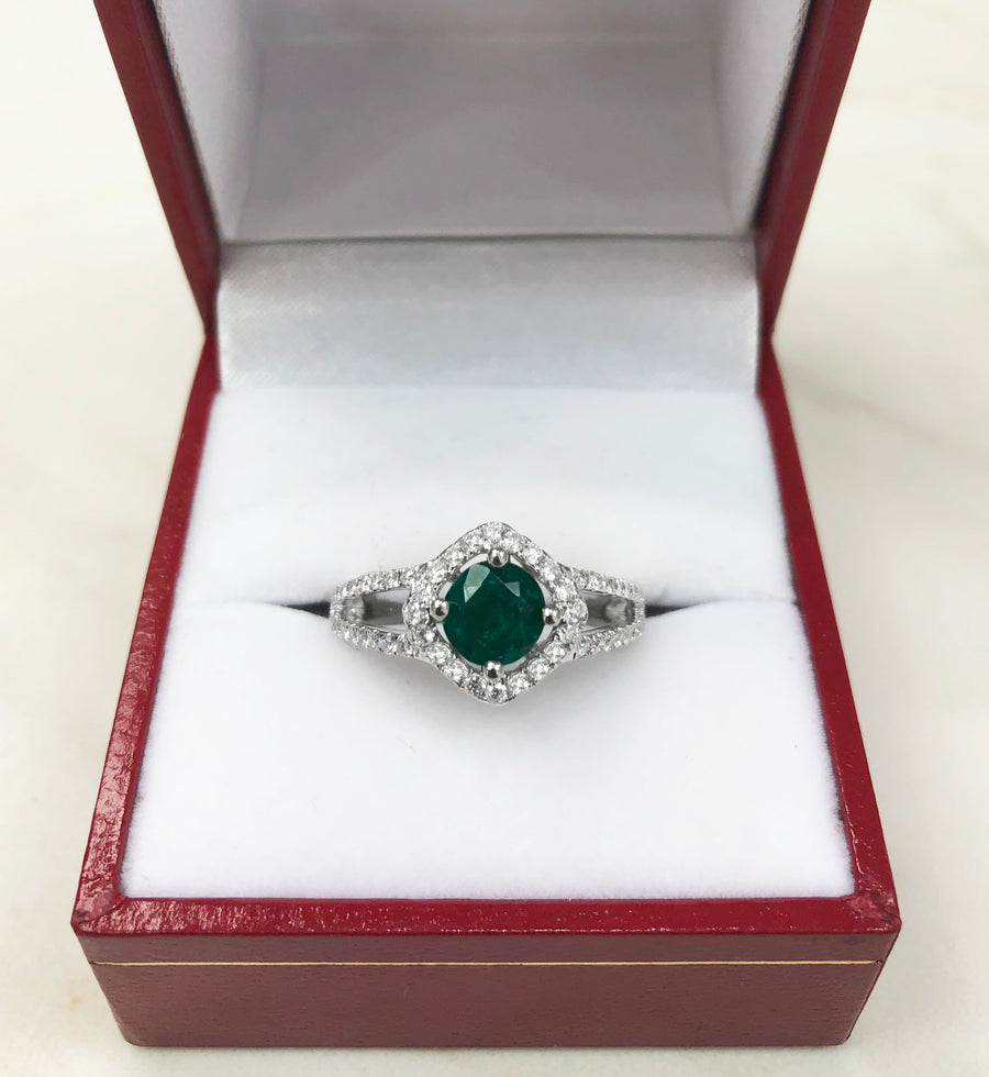  Split Shank Emerald & Diamond Halo Engagement Ring