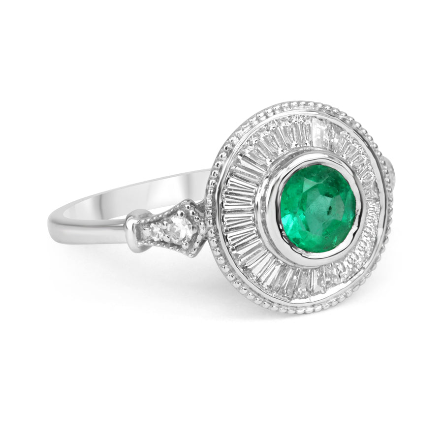 Dazzling Brilliance: 1.25tcw Colombian Emerald & Diamond Baguette Halo Ring - 14K Gold Beauty