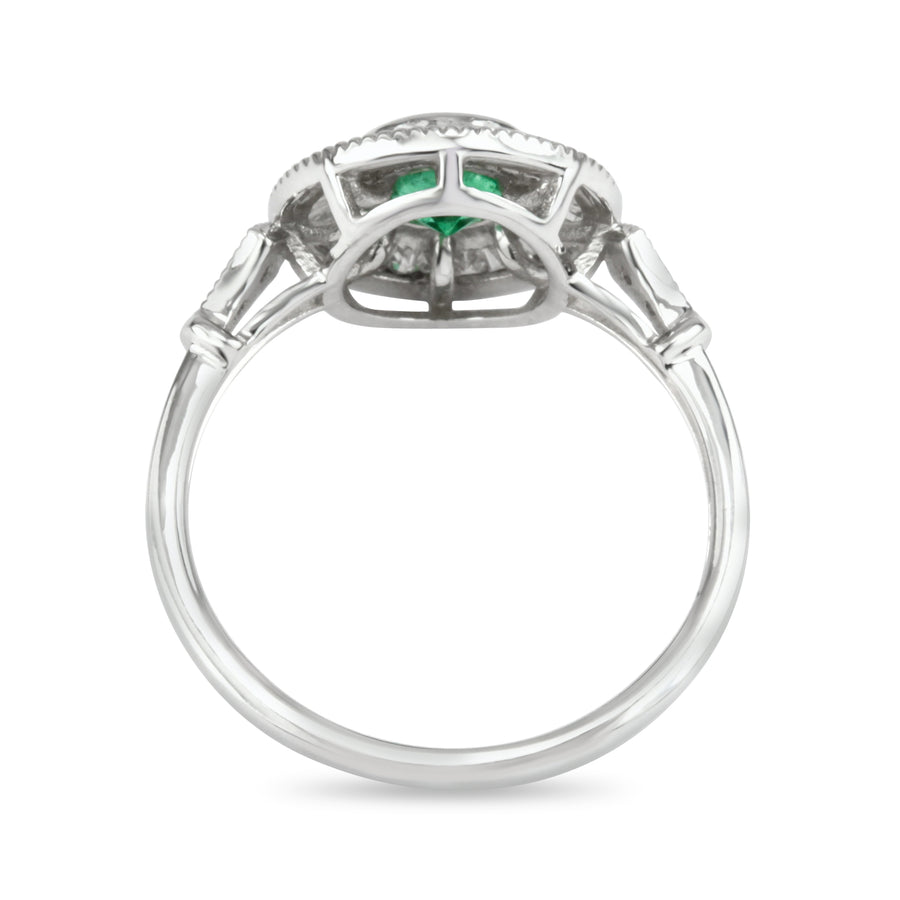 Radiant 14K Gold Ring with 1.25tcw Colombian Emerald & Diamond Baguette Halo - Timeless Charm