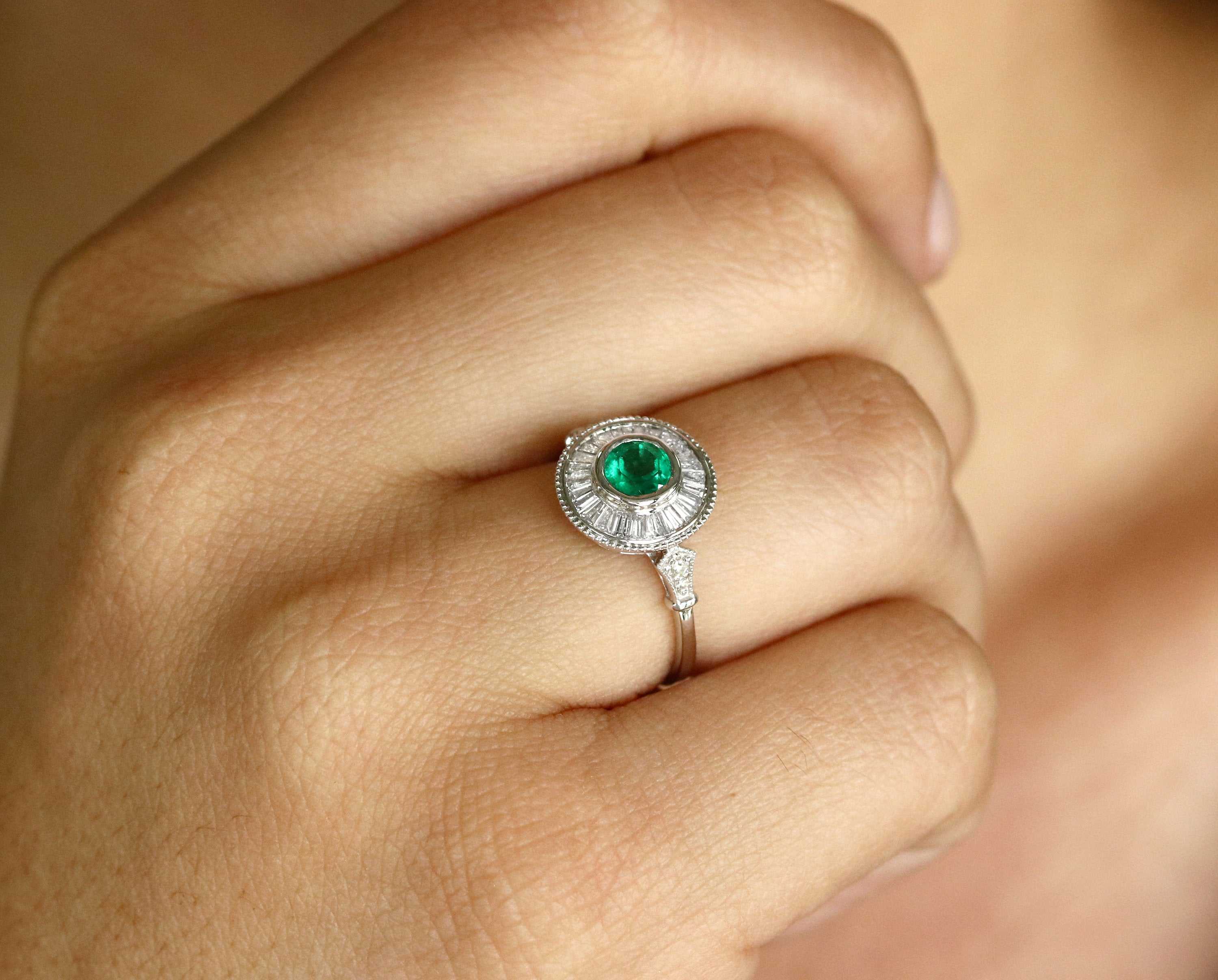 1.25tcw Colombian Emerald & Diamond Baguette Halo Ring 14K