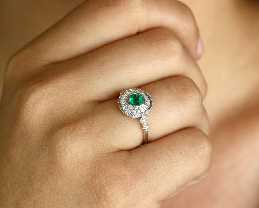 Exquisite Beauty: 1.25tcw Colombian Emerald & Diamond Baguette Halo Ring - Elegant 14K Setting