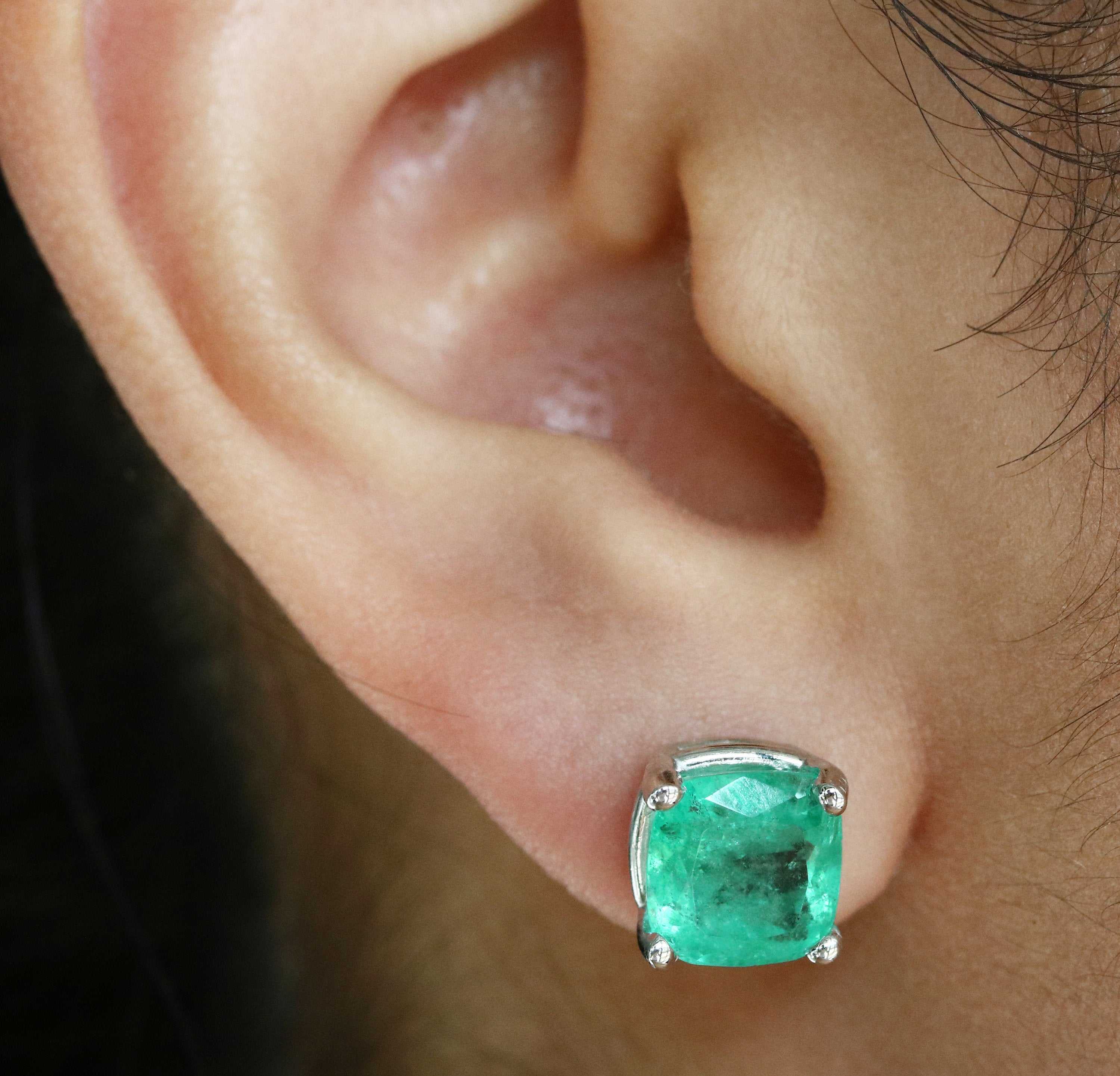 Cushion Cut Genuine Green Emerald Gold Earrings For Her