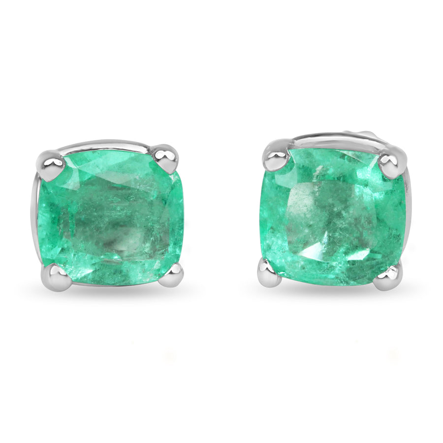 4.0 Carat Cushion shape Natural Emerald Stud Solitaire Earrings in 14K Gold