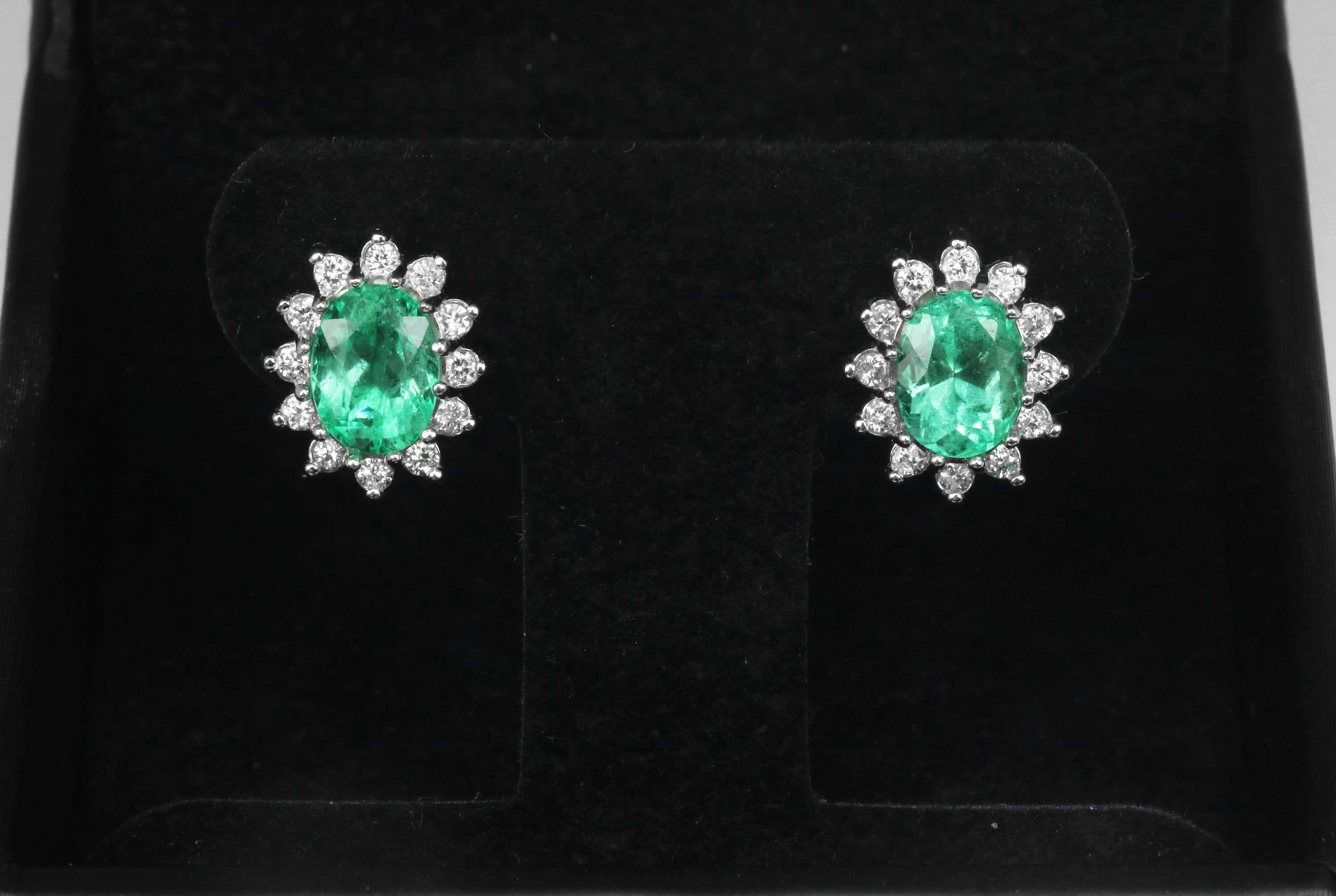 Oval cut emerald and Round Diamond Cluster Halo hand made Earrings Gold 14K fine jewelry