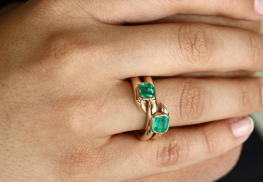 Bezel Natural Emerald Cuff Ring Gold 14K