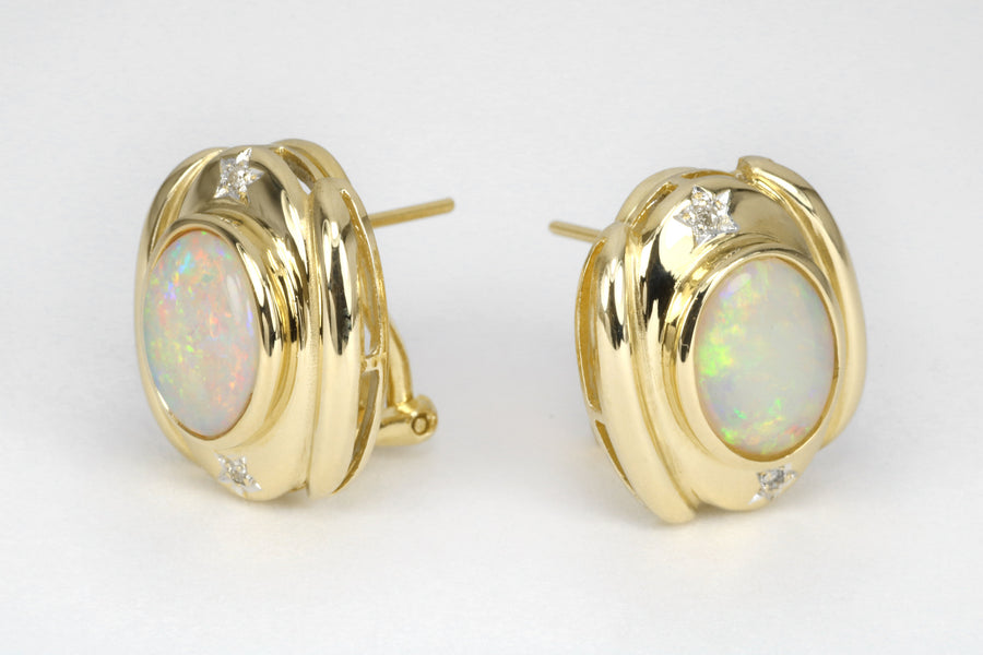 Natural Oval Opal Diamond Omega Earrings, Solitaire Opal Yellow Gold Earrings, Opal Earrings, Solid Opal Earrings, Opal Diamond, 18K
