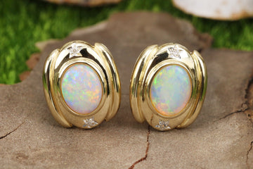 4.35tcw Natural Oval Opal Diamond Omega Earrings, Solitaire Opal Yellow Gold Earrings, Opal Earrings, Solid Opal Earrings, Opal Diamond, 18K