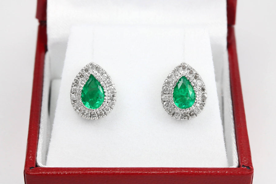 Pear Emerald & Diamond Halo White Gold Studs 14K