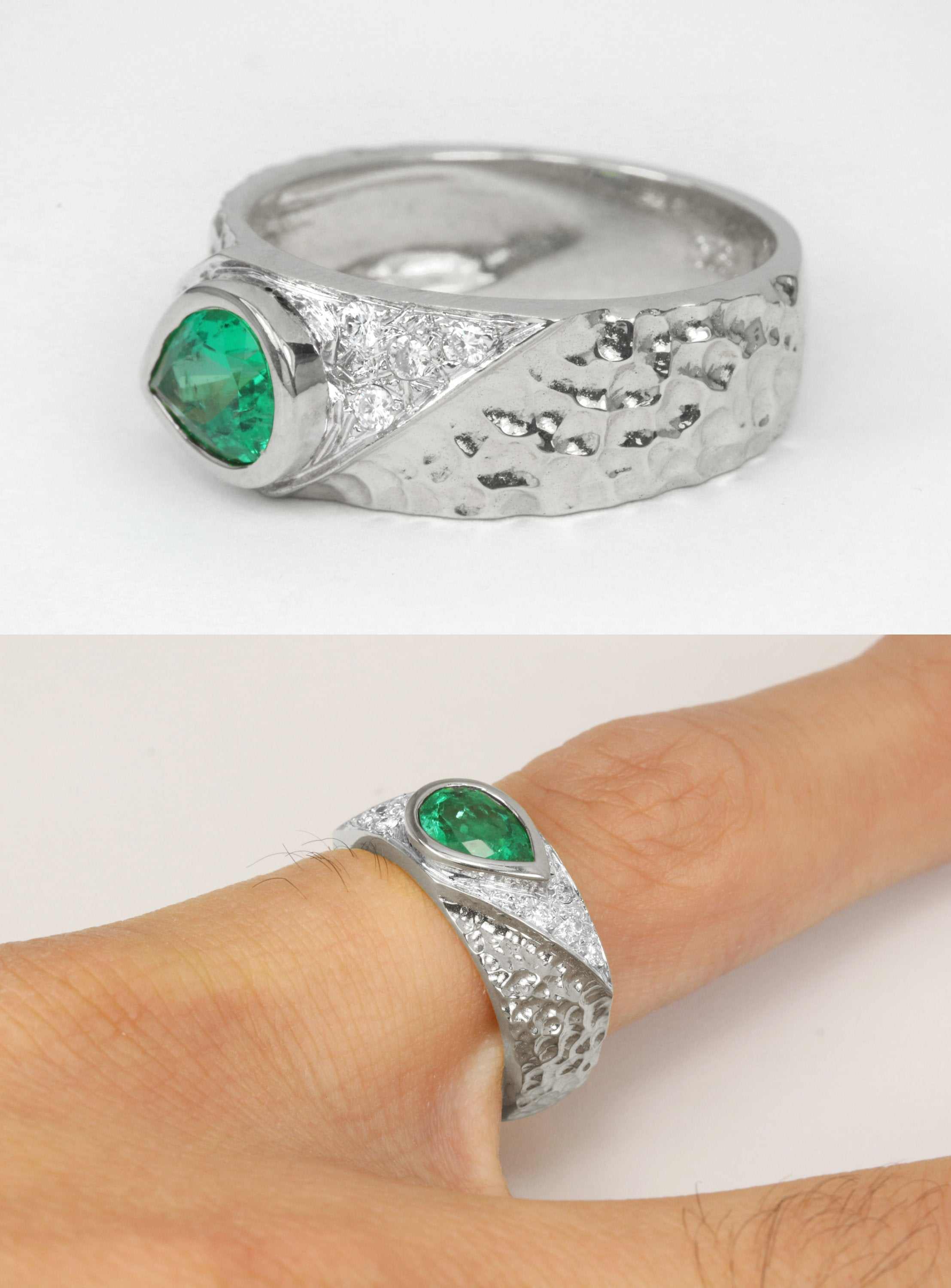 1.10tcw Vivid Green Tear Drop Emerald & Diamond Ring 18K - JR Colombian Emeralds