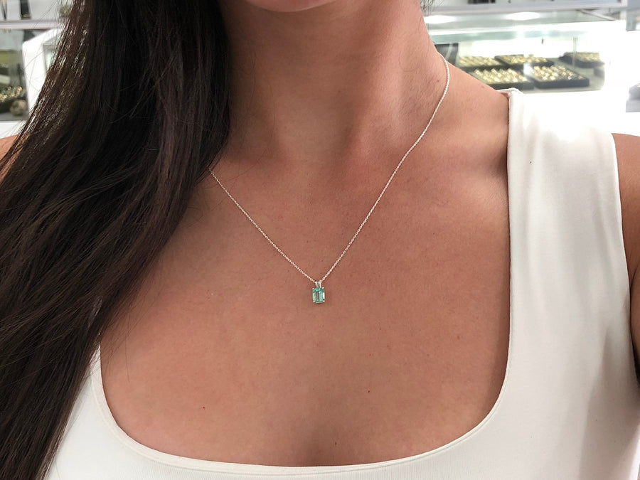 1.0 Carat Colombian Emerald Four Prong Solitaire Necklace Silver 925