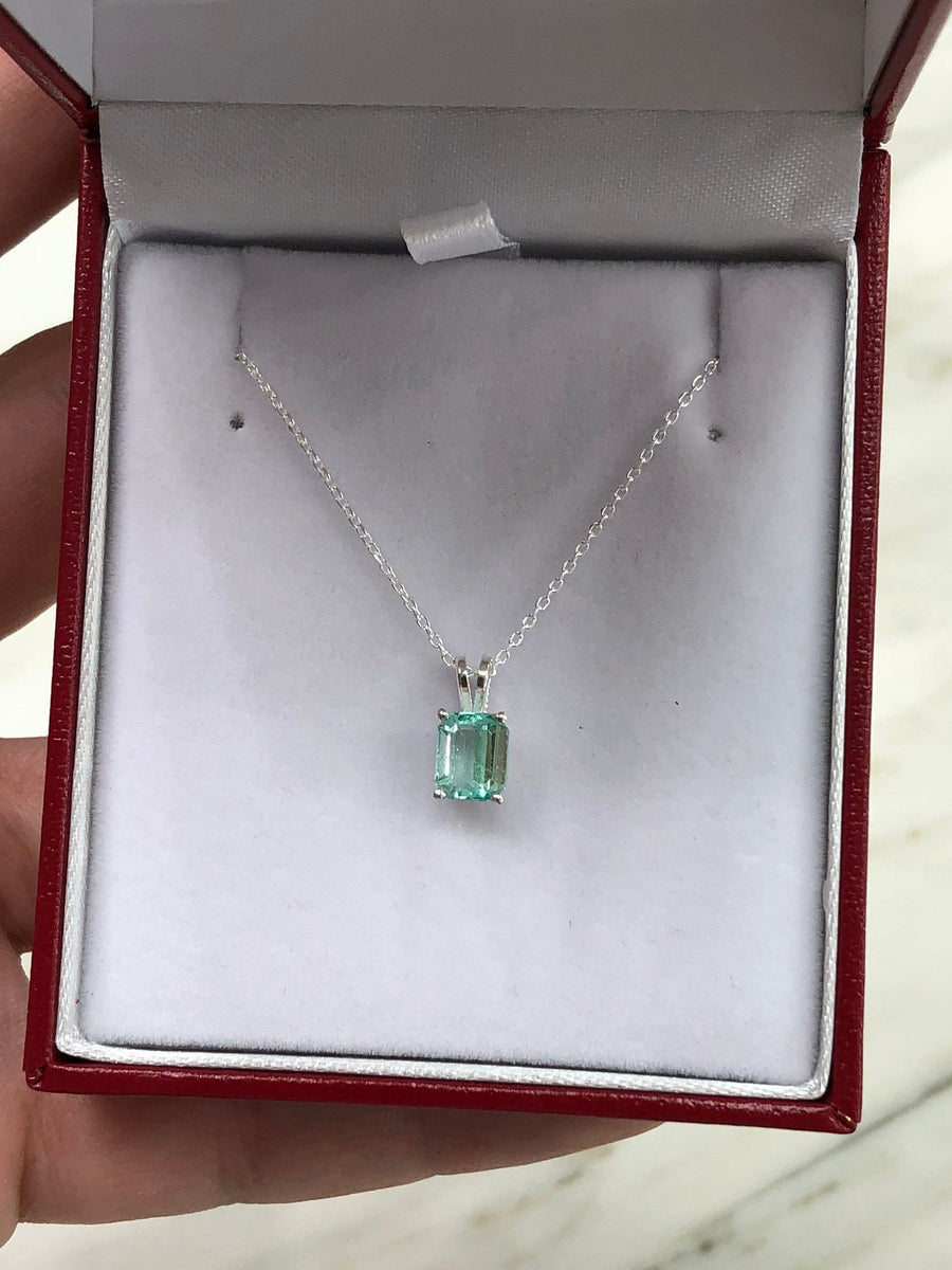 1.0 Carat Colombian Emerald Four Prong Solitaire Necklace Silver 925