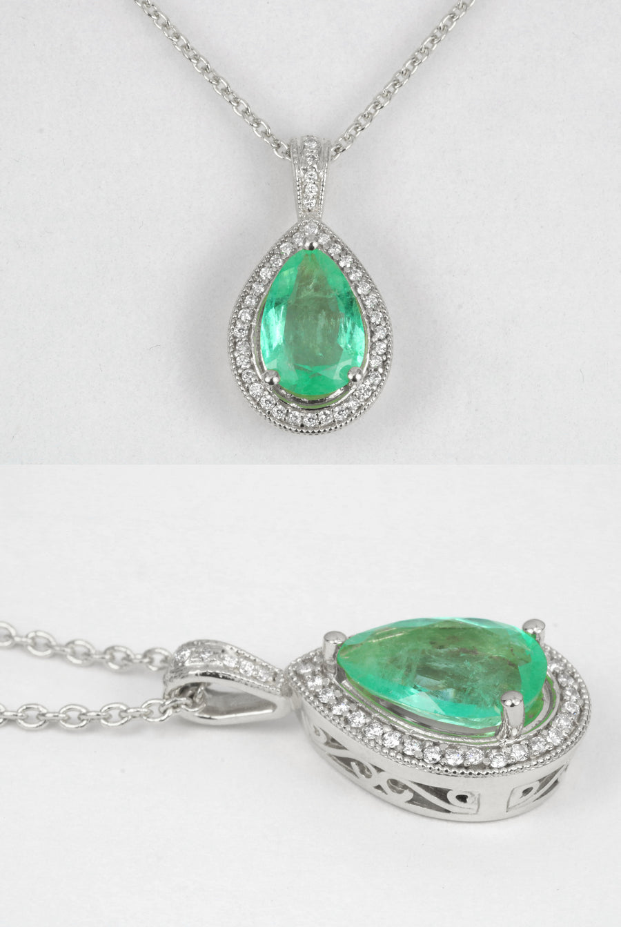 2.50tcw Pear Shape Emerald & Diamond Halo Necklace