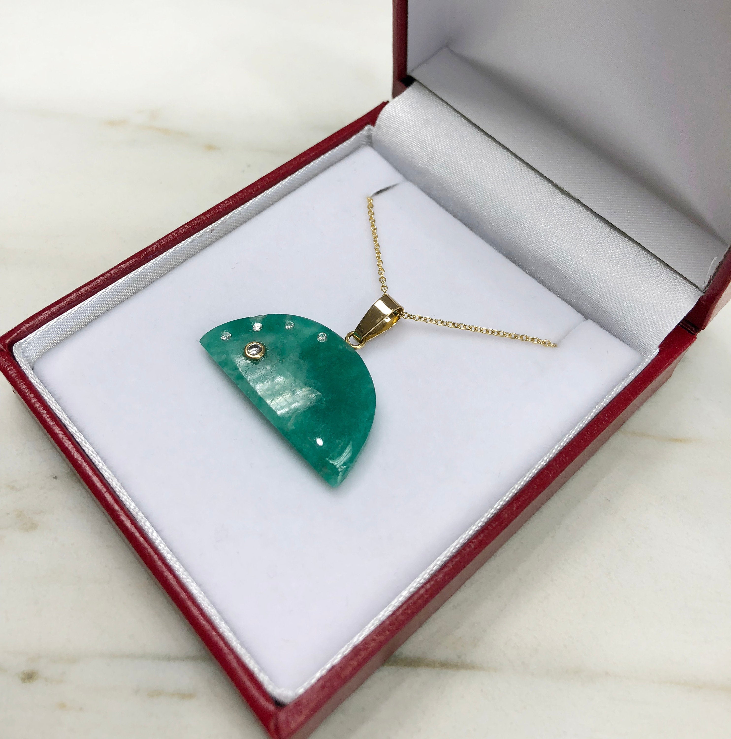 Raw Emerald Slice & Diamond Solitaire Pendant 14K