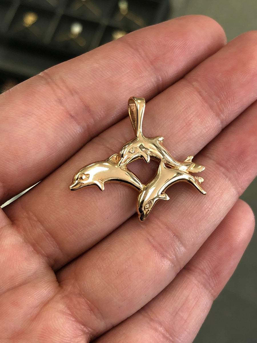 Gold Dolphin Charm, Nautical Charm Gift, Gold Dolphin Pendant, Three Dolphins Pendant