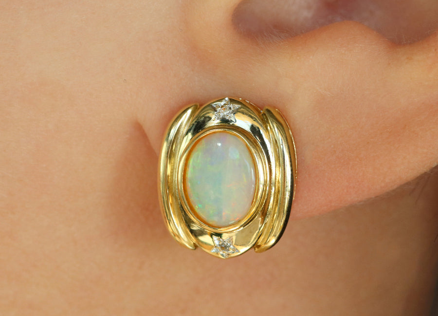 Natural Oval Opal Diamond Omega Earrings, Solitaire Opal Yellow Gold Earrings, Opal Earrings, Solid Opal Earrings, Opal Diamond, 18K