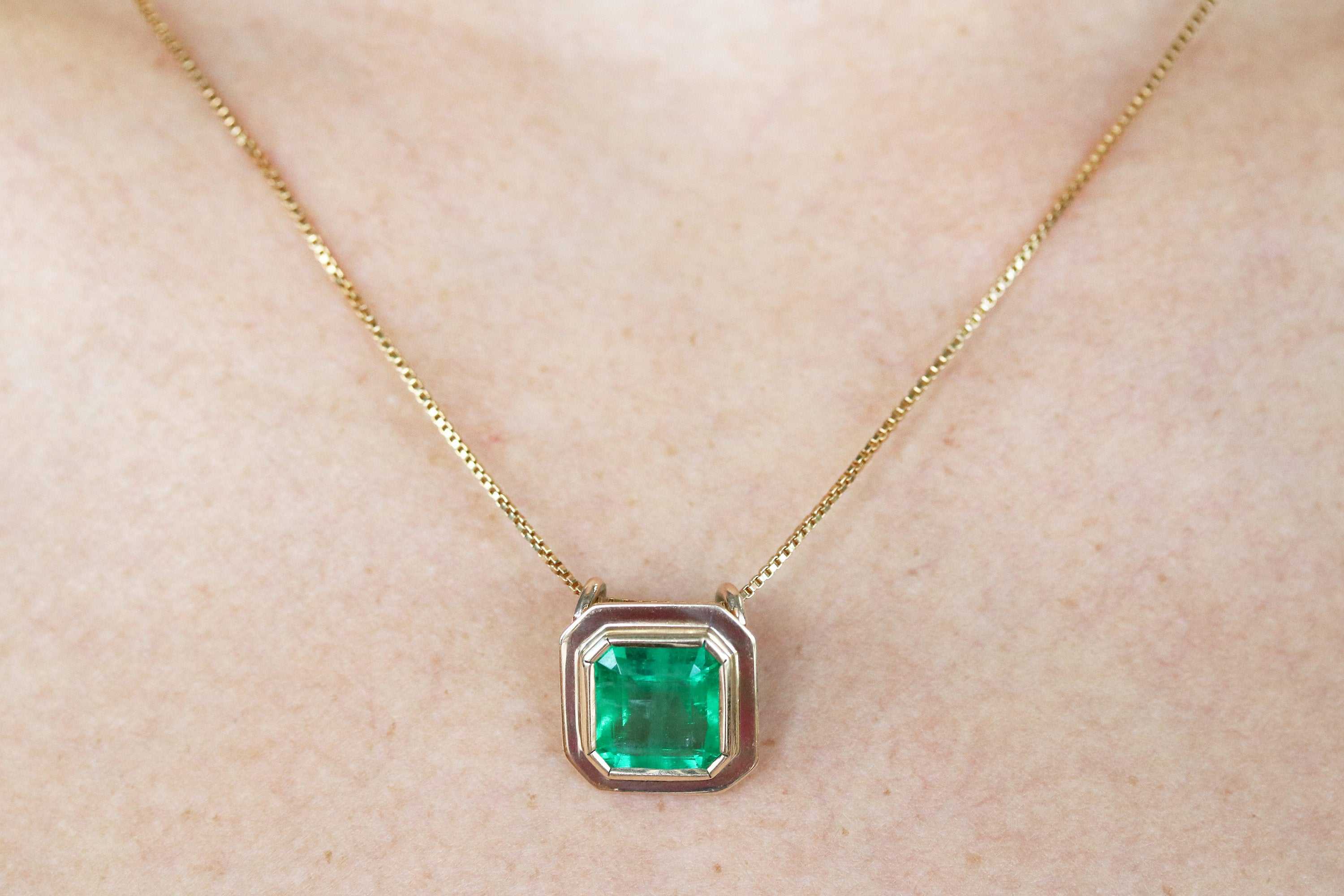 3.0cts Bezel Set Asscher Cut Rich Green Emerald Bezel Necklace 14K - JR Colombian Emeralds