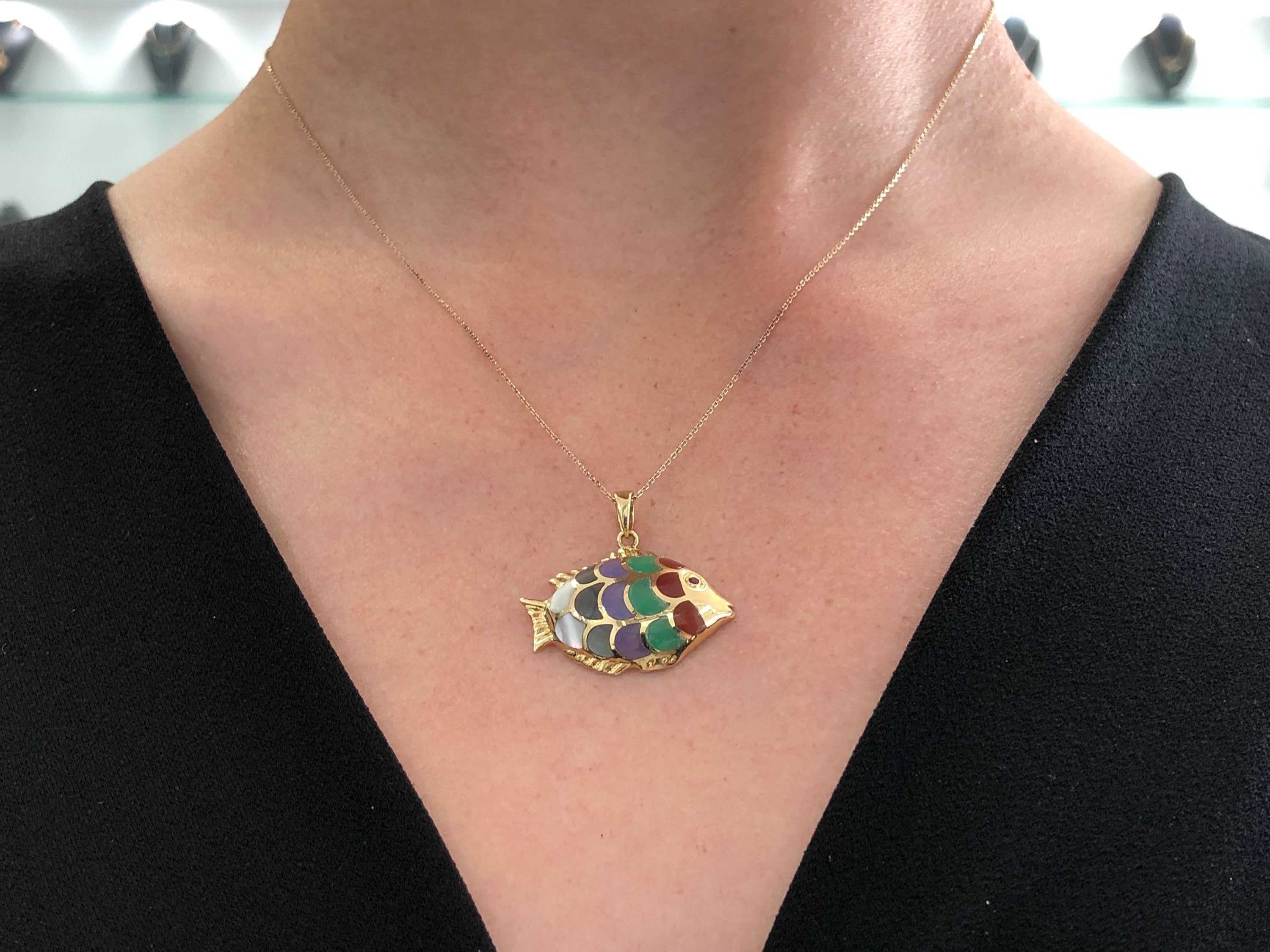 Nautical Rainbow Fish With Enamel Pendant 14K