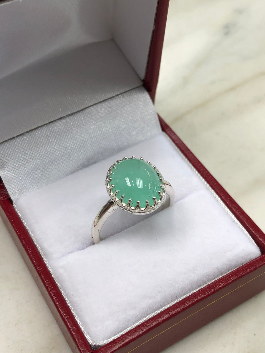 4.70cts Cabochon Emerald Solitaire Silver Engagement Ring