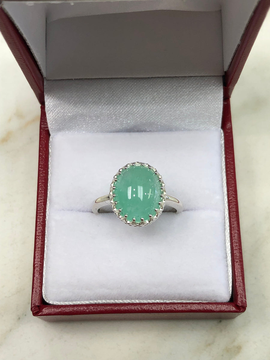 4.70cts Cabochon Emerald Solitaire Silver Engagement Ring s