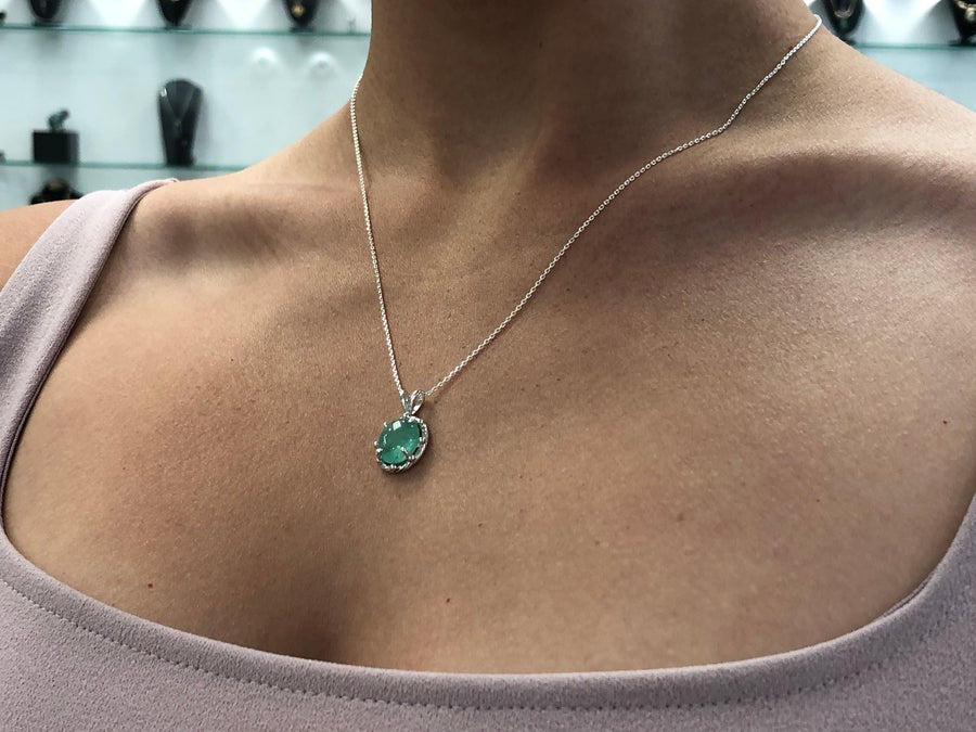 4.45cts Cabochon Emerald Solitaire Necklace Sterling Silver 925