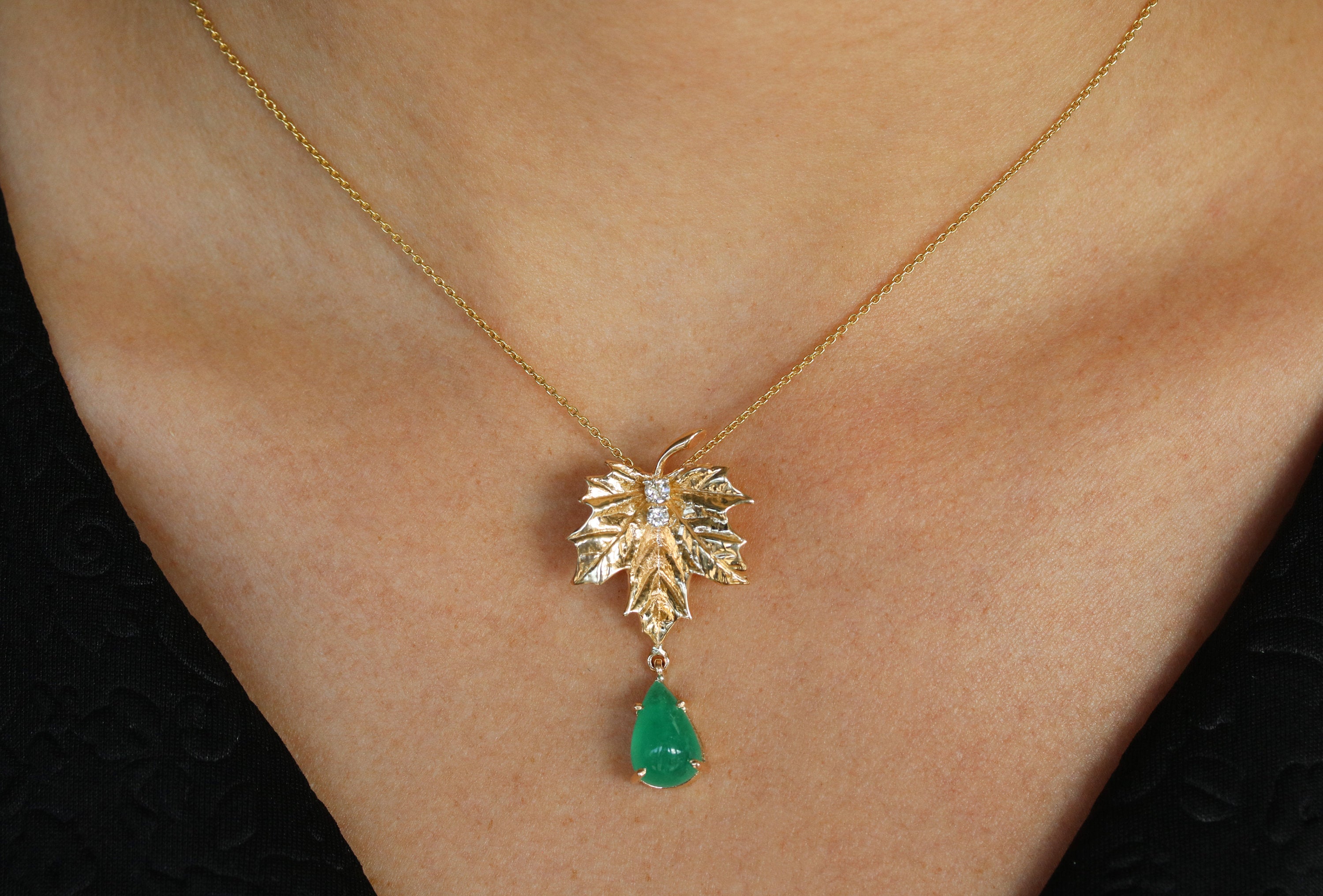 4.05tcw Maple Leaf Emerald & Diamond 14K Unique Drop Pendant