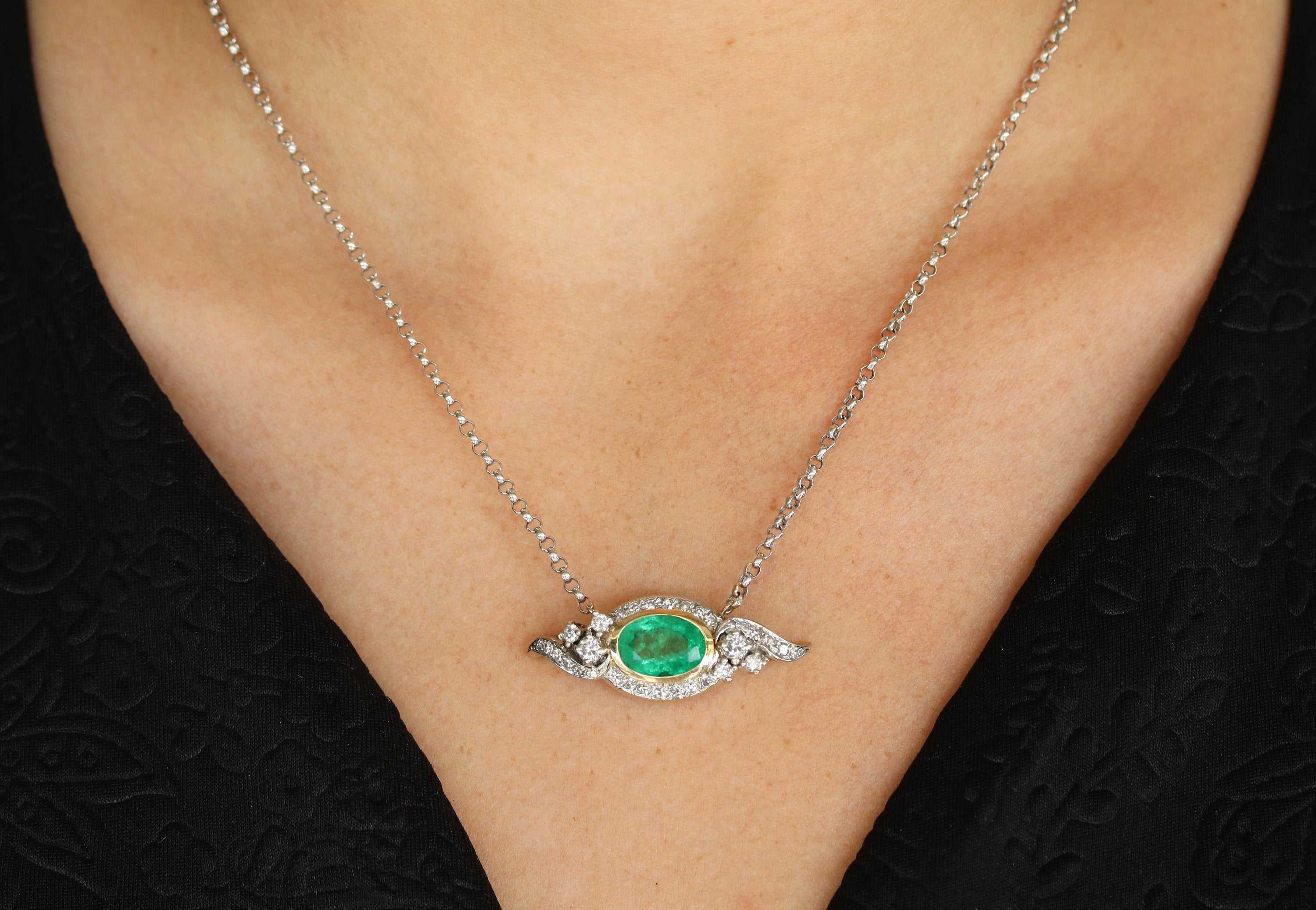 5.05tcw  Emerald Necklace, Oval Emerald & Diamond Necklace, Vintage Emerald Diamond Necklace, Emerald Anniversary Gift, Gold 14K