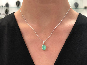 Emerald Necklace, Colombian Emerald Diamond Pendant, Oval Emerald Sterling 