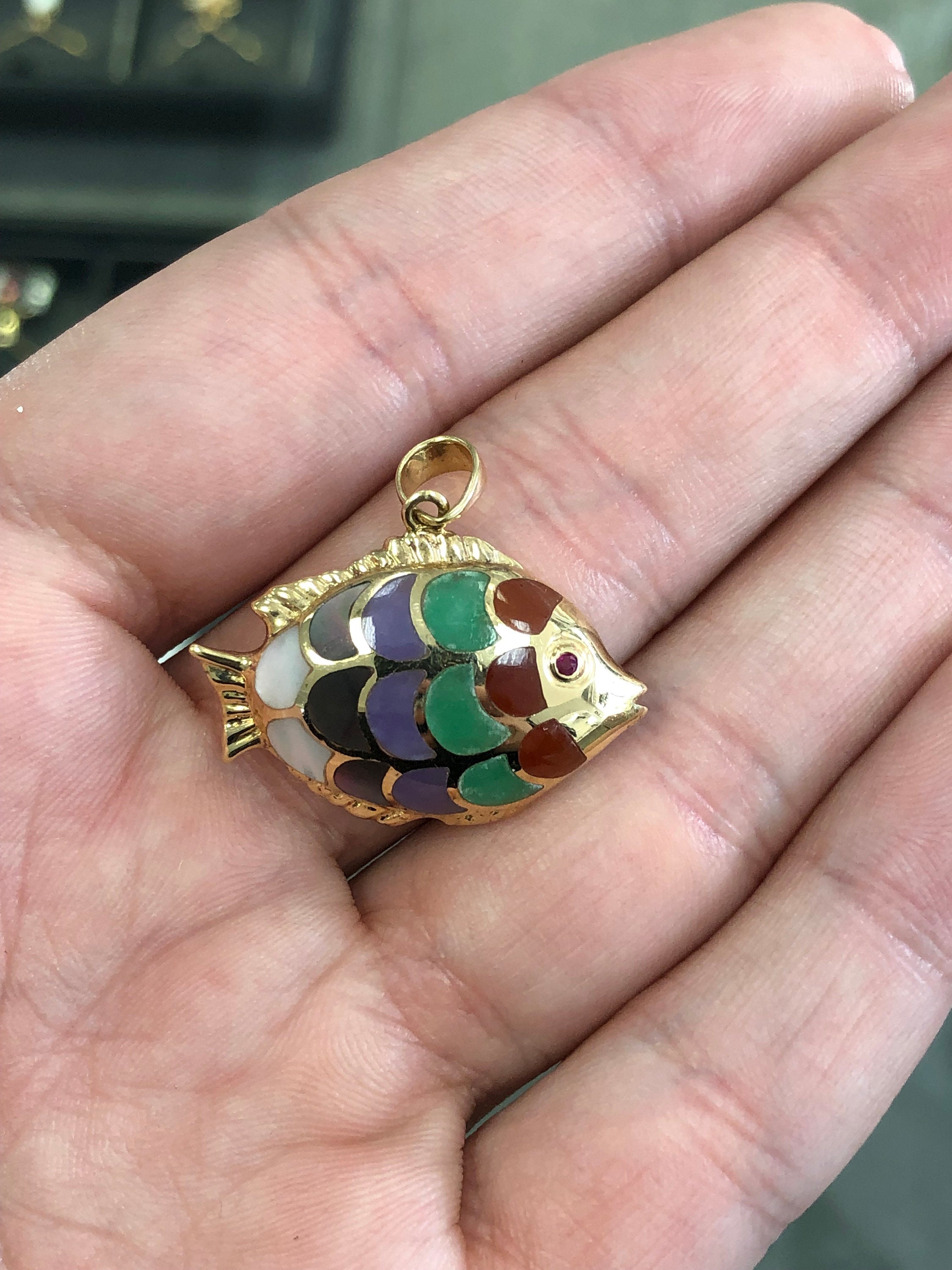 Nautical Rainbow Fish With Enamel Pendant 14K