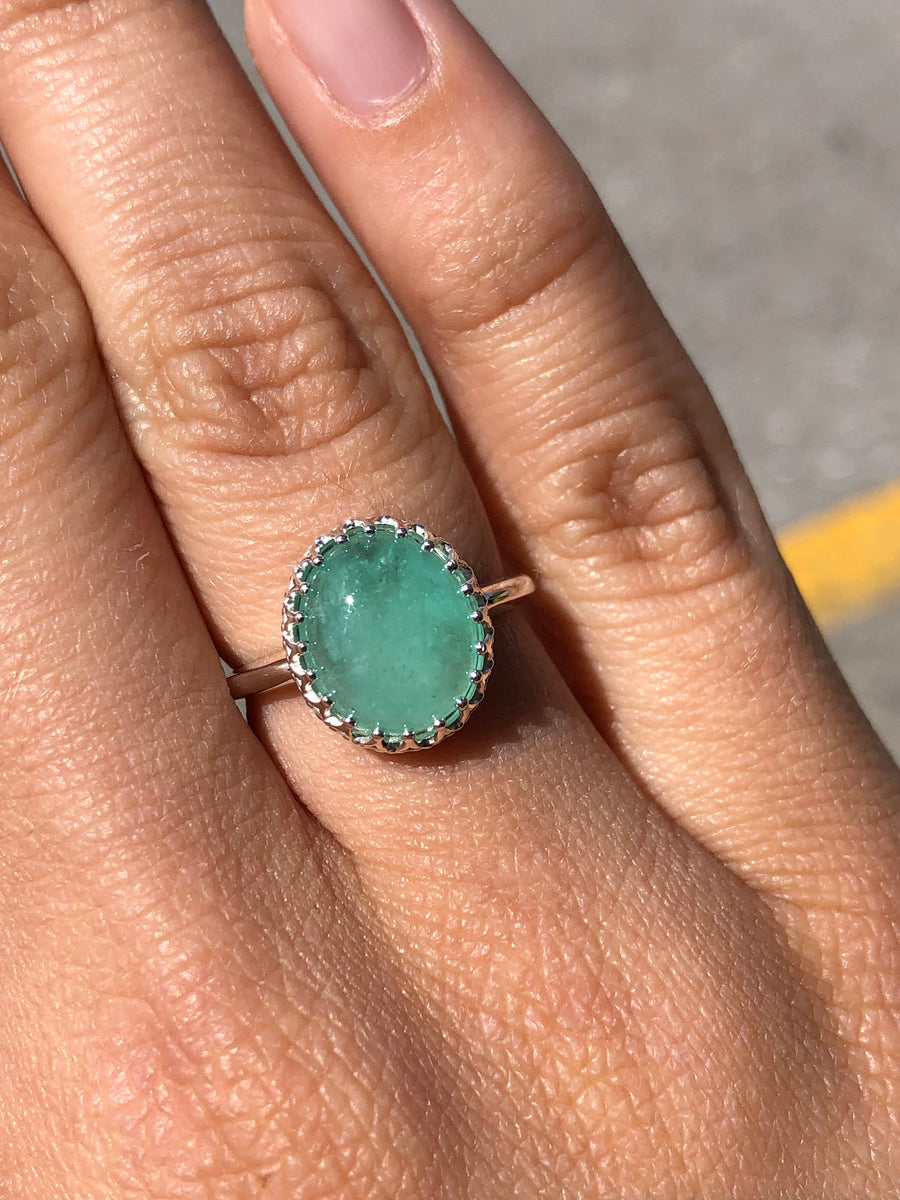 4.70cts Cabochon Emerald Solitaire Engagement Ring