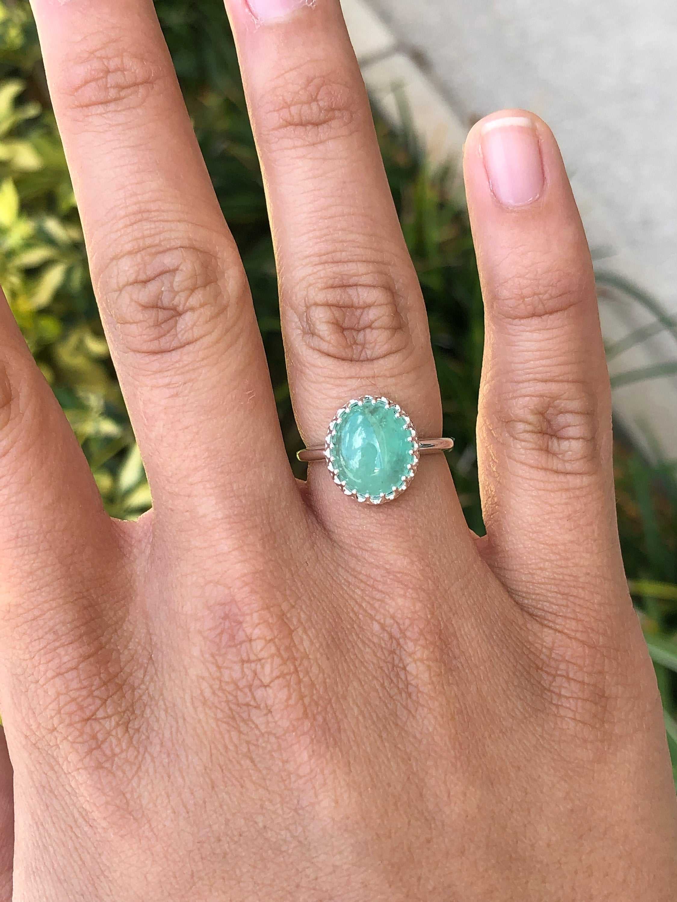 3.70cts Cabochon Emerald Solitaire Silver Engagement Rings